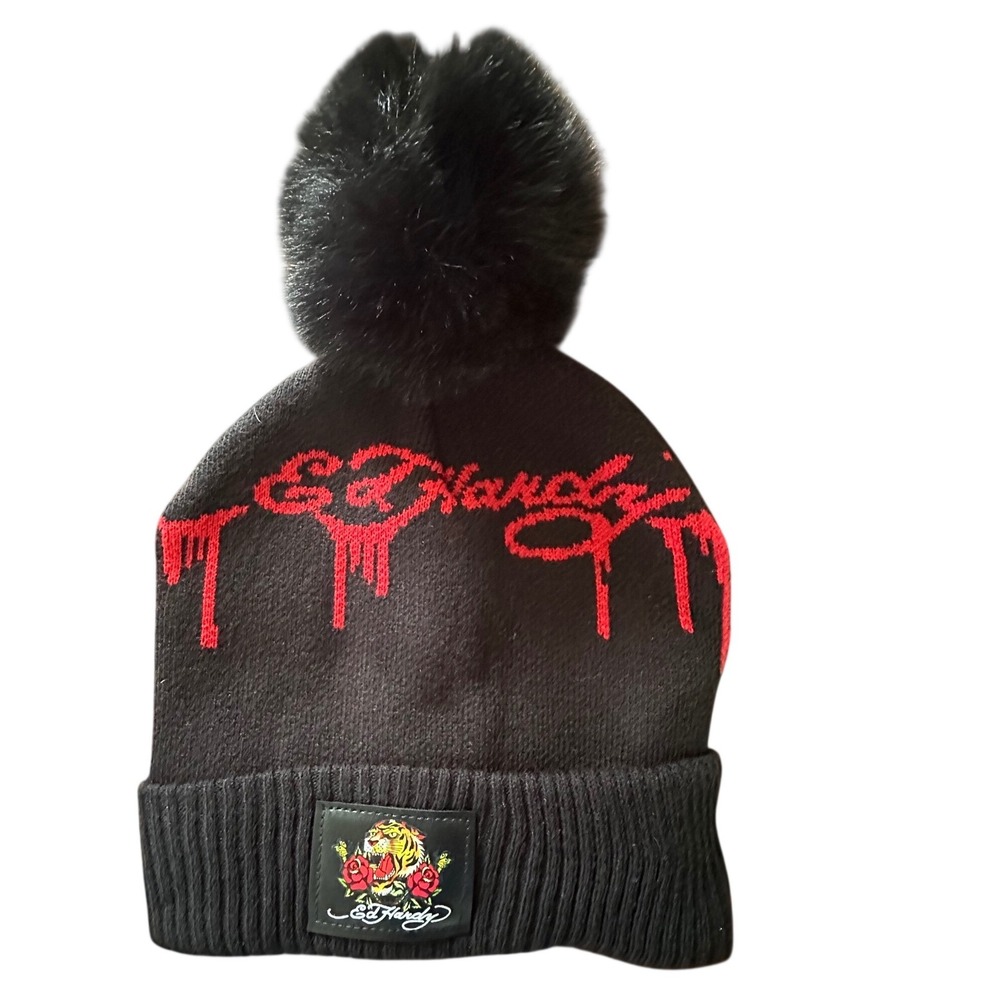 Ed Hardy Black Knit Pom Beanie Hat Red Drip Logo Tiger Rose Patch NWOT